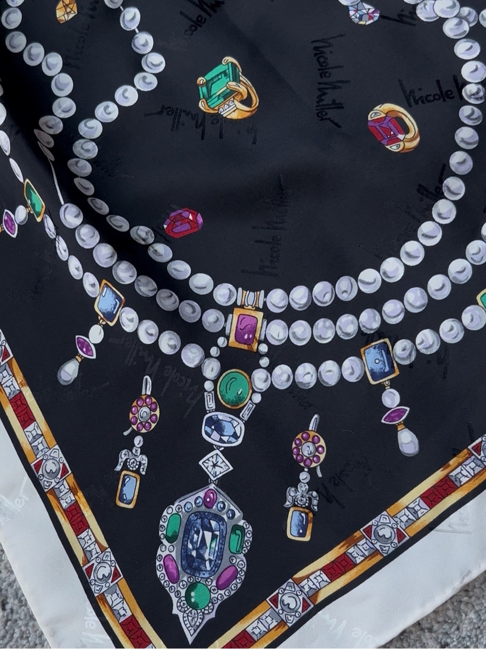 🆕 Nicole Miller 90’s Silk Scarf Diamonds Pearls Necklace Jewelry Gems Emeralds